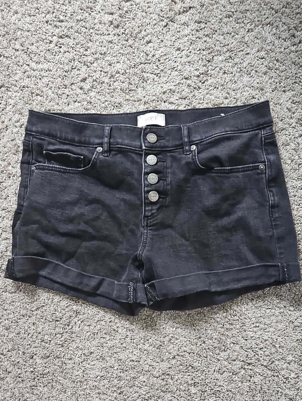 LOFT Black Button-Front Cuffed Denim Shorts